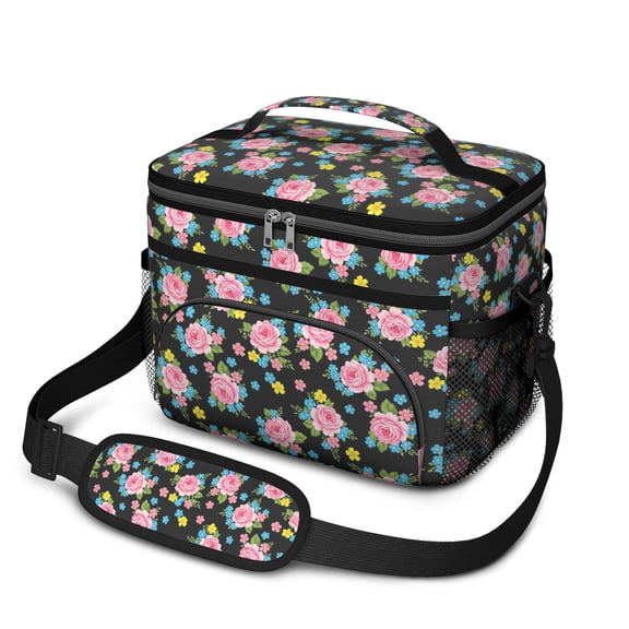 Lunch Box Pioneer Flower Floral Print Pattern Insulated Lunch Bag for Women Men,Medium Leakproof Lunchbox Cooler Bag Adjustable Strap,10 X 6.7 X 8 Inches