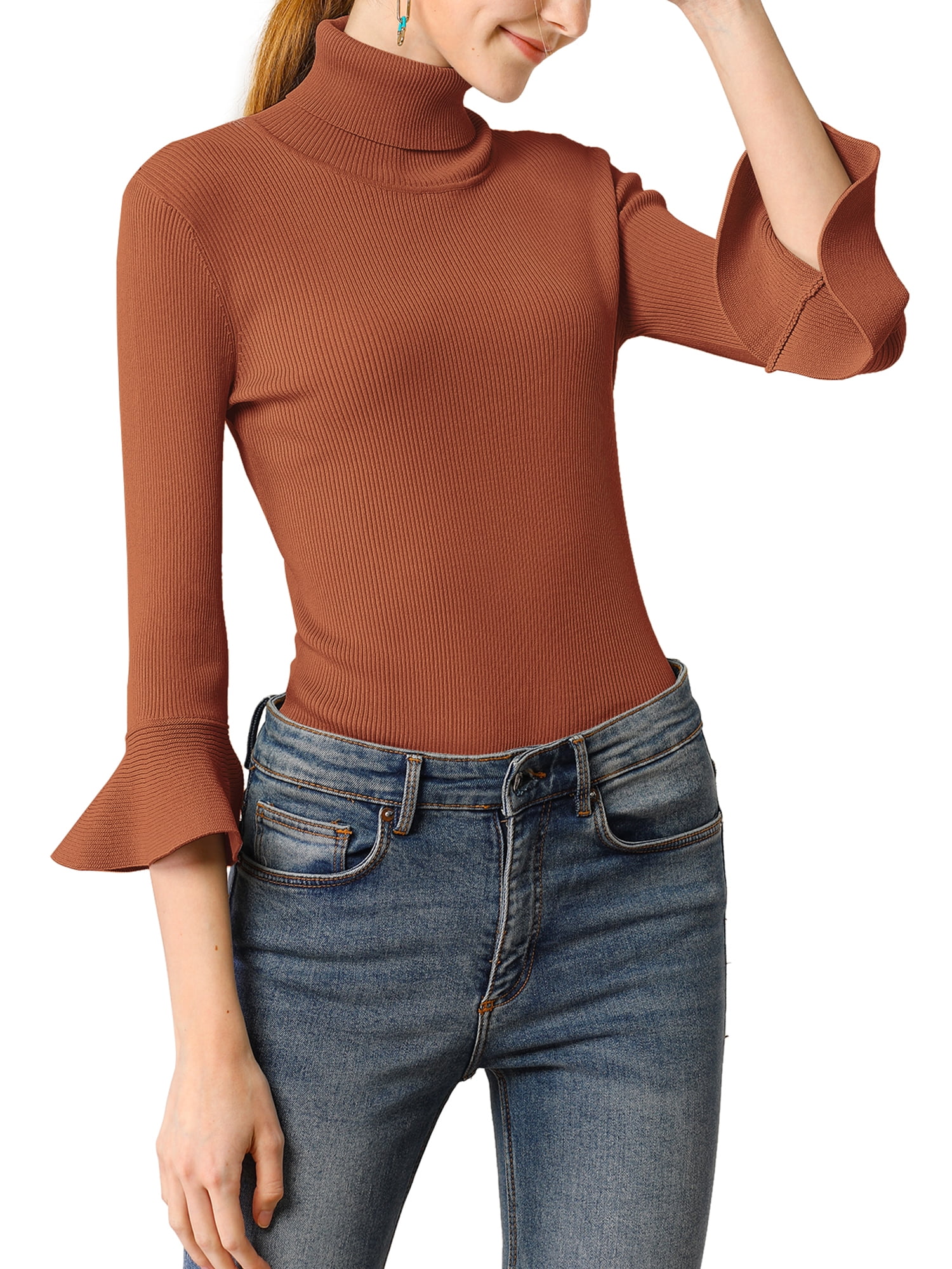 DARING DIVA Women's Ruffle Sleeves Pullover Knit Turtleneck Sweater XS Caramel