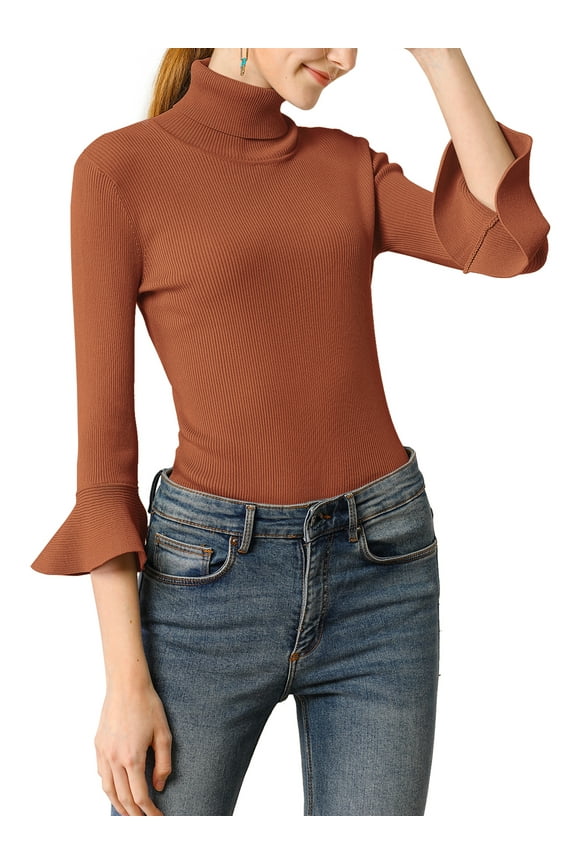 Women's Turtle Neck 3/4 Ruffle Sleeves Pullover Slim Rib Knit Sweater XS Caramel