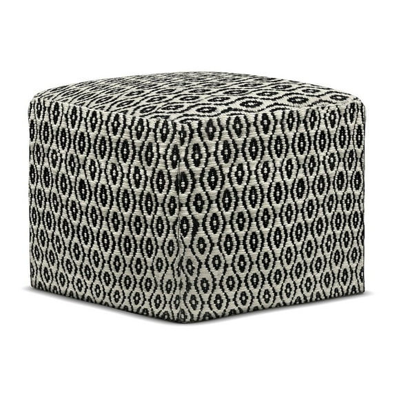 Simpli Home Kiana Boho Square Woven Pouf in Black and White Recycled PET Polyester
