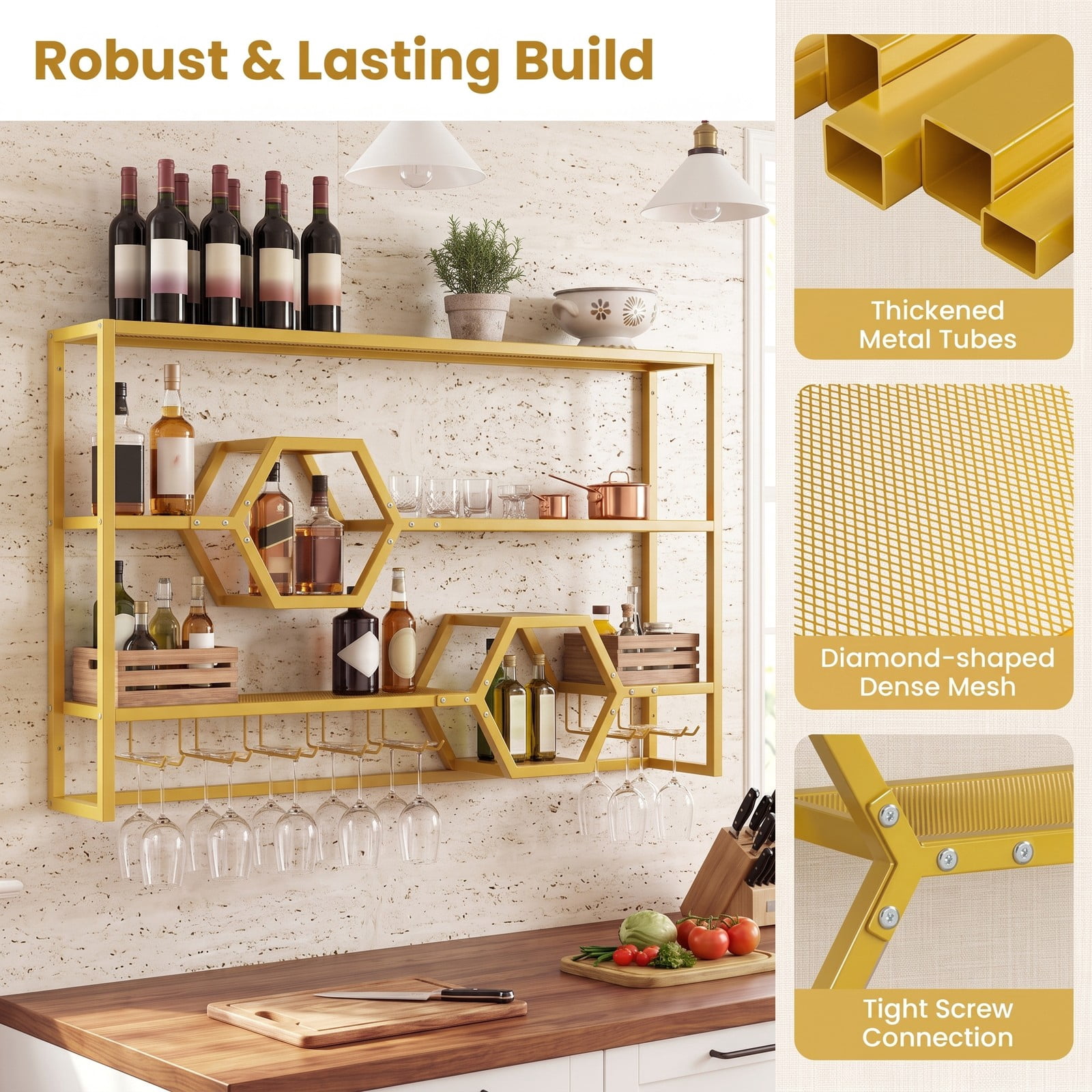 RUIE 47 Inch Wall Mounted Wine Rack, Large Floating Bar Shelf with Stemware Holder, Metal Hanging Wine Bottle Storage Organizer for Kitchen Dining Room Bar, Gold