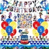 Sonic The Hedgehog Party Supplies, 101pcs Birthday Party Decorations Include Happy Birthday Banner, Hanging Swirls Decorations, Foil Balloons and Latex Balloons, Stickers, Cake Topper and Table C