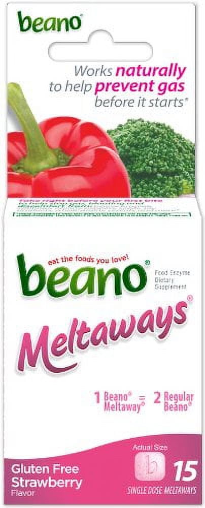 Beano Meltaways, Gas Prevention & Digestive Enzyme Supplement, Strawberry Flavor, 15 Count - 6 Pack