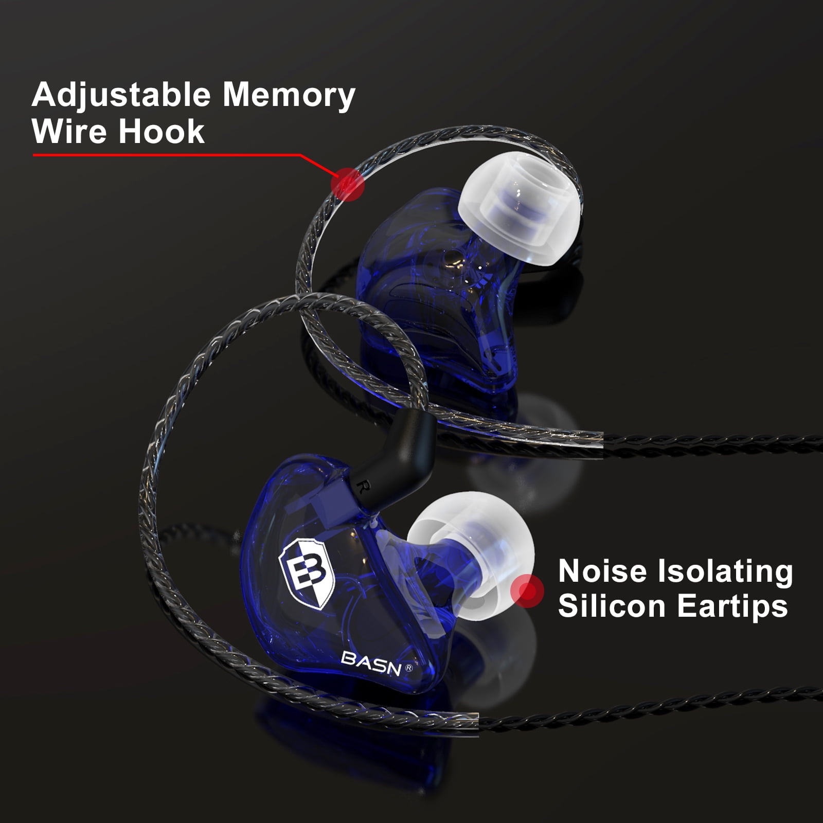 BASN Bsinger PRO In-Ear Monitor Headphones for Musicians, Dynamic Driver Noise Isolating Earphones with 2 Detachable MMCX Cables (Blue)