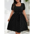 thumbnail image 3 of Women'S Plus Size Elegant Retro Polka Dot Waist Tie Square Neck Swing Dress Black XXL, 3 of 7