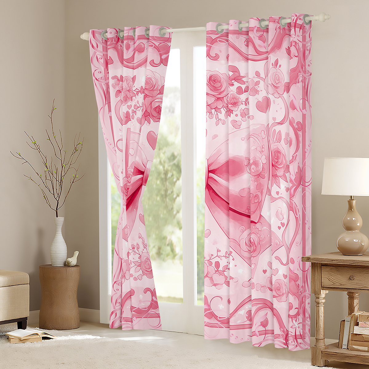 Manfei Lovely Girls Bowknot Blackout Curtains Set of 2 (52x84 Each),Cartoon Bow Tie Window Curtains,Pink Country Floral Curtains and Drapes For Kids,Luxury Bedroom Decor