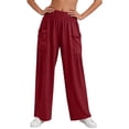 thumbnail image 4 of Favoffer Women Elastic Waist Long Pants Solid Color Ruched Casual Pants Breathable Relaxed Fit Bottoms Fold Hem Pants with Side Pockets for Daily Lounge, 4 of 7