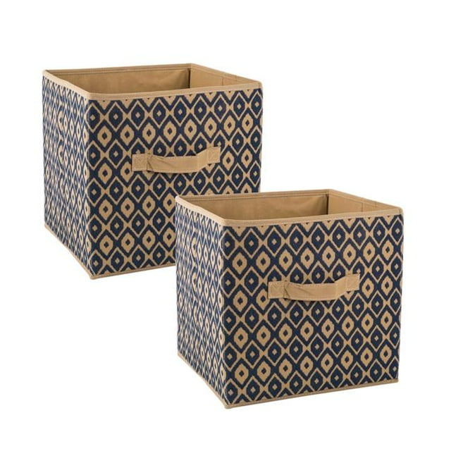 Cube de Rangement Carré en Polyester Ikat Non Tissé 11 x 11 x 11 Po, Bleu Nautique - Ensemble de 2