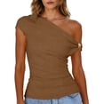 thumbnail image 5 of Babcutegg Women’s Summer Off-Shoulder Top – Asymmetrical Metal Buckle Short Sleeve Solid Color Casual T-Shirt Coffee Size S, 5 of 10