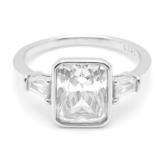 Bezel Set Diamond Ring, Radiant Cut Diamond Engagement Ring, Three Stone Diamond Anniversary Ring, Pat Present Future Diamond Ring, 925 Sterling Silver, 2.1 Ct Simulated Diamond