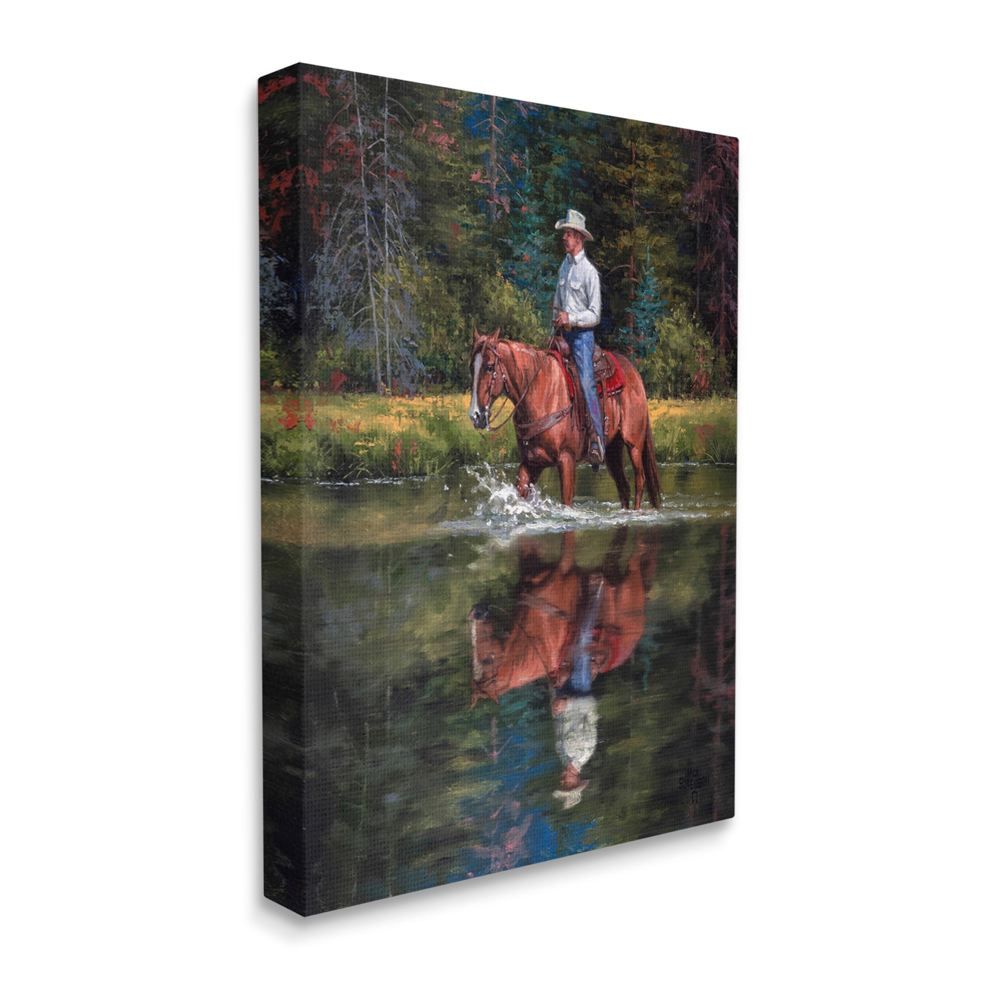 Stupell Industries Cowboy Riding Horse Wild West Shallow River Woodland,36 x 48, Design by Jack Sorenson