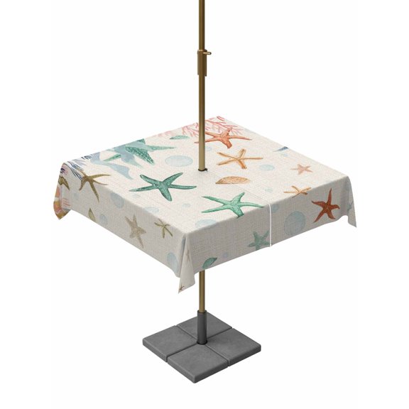 Outdoor Tablecloth with Umbrella Hole for Patio/Picnic/Party/Camping, Colorful Starfish Coastal Waterproof Table Cloth Square Cover Washable, Summer Coral Nautical Retro (60"x 60")