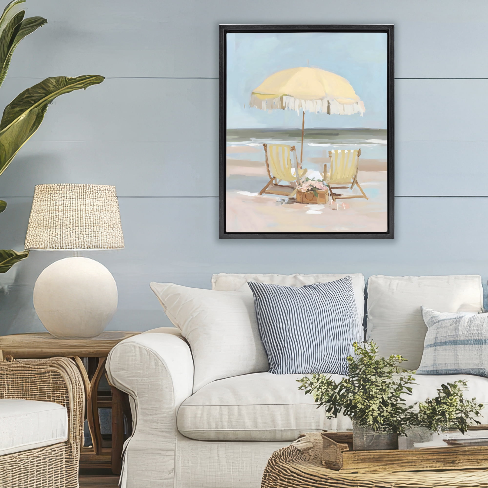 Stupell Industries Yellow Chairs Beach Relaxation Black Framed Floater Canvas Wall Art, design by Sisi and Seb