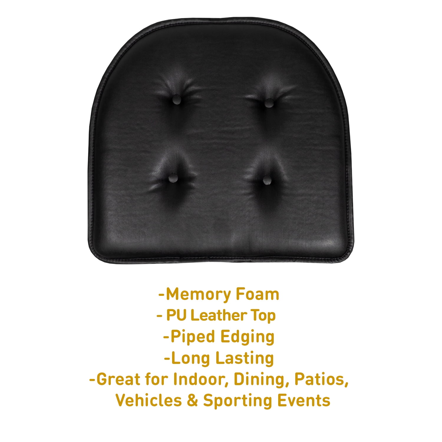 U-Shaped Memory Foam No Slip Back 16 x 17 Faux Leather Chair Pad Cushion 2 Pack - Black