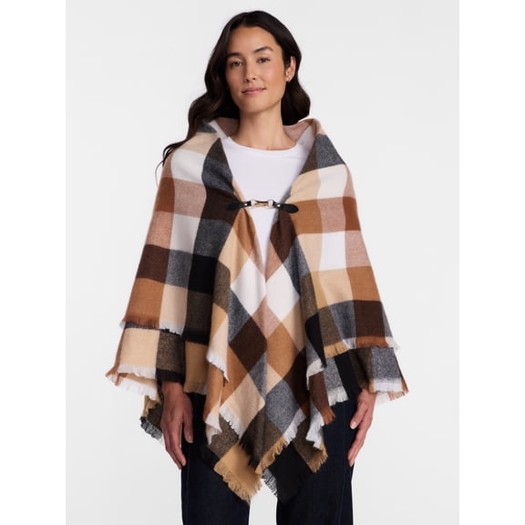 Time and Tru Women's Plaid Poncho with Clasp, Sizes S/M-L/XL