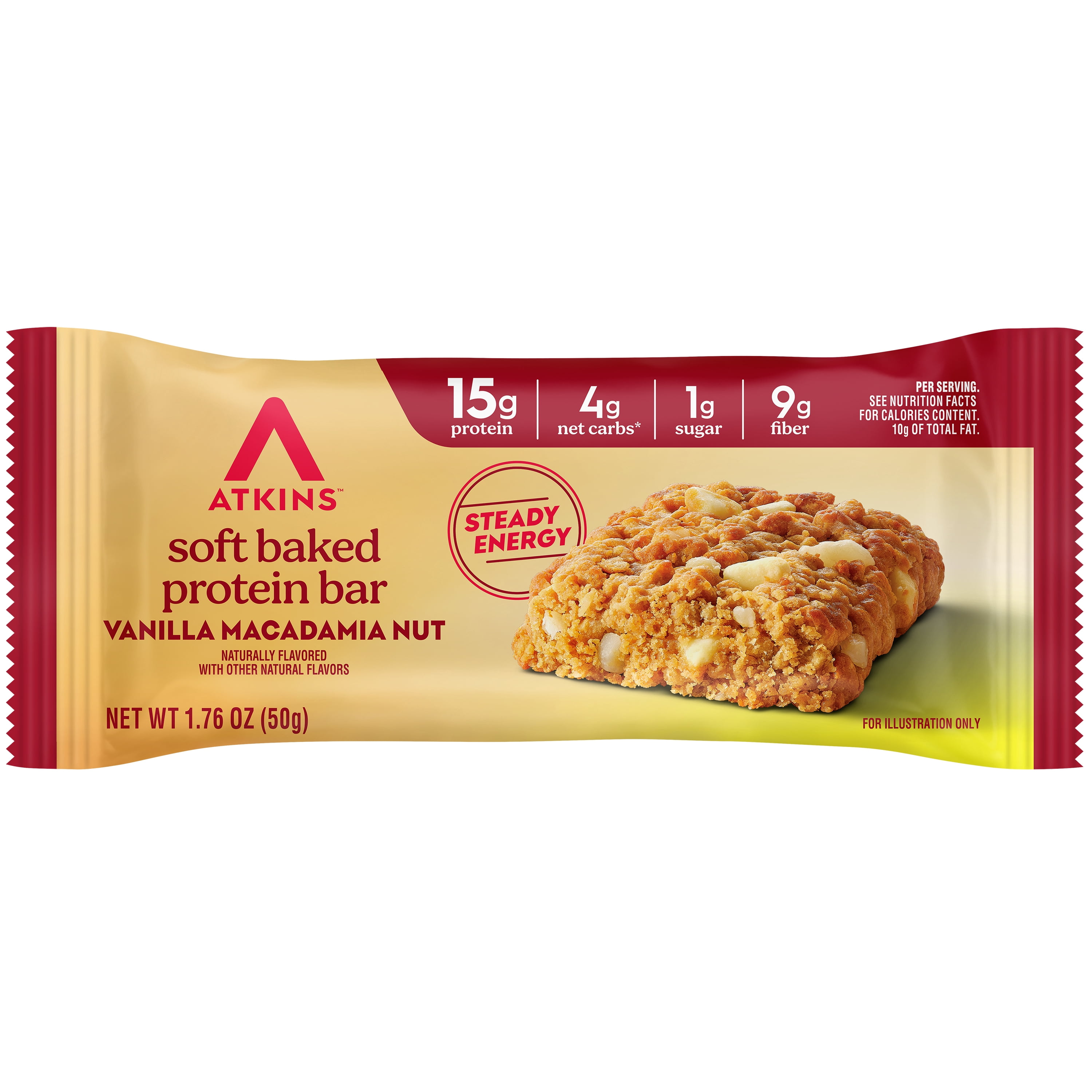 Atkins Soft Baked High Protein Bar, Vanilla Macadamia Nut Flavored, 15g of Protein, Keto Snack, High Fiber, Low Sugar Protein Bars, 4 Count