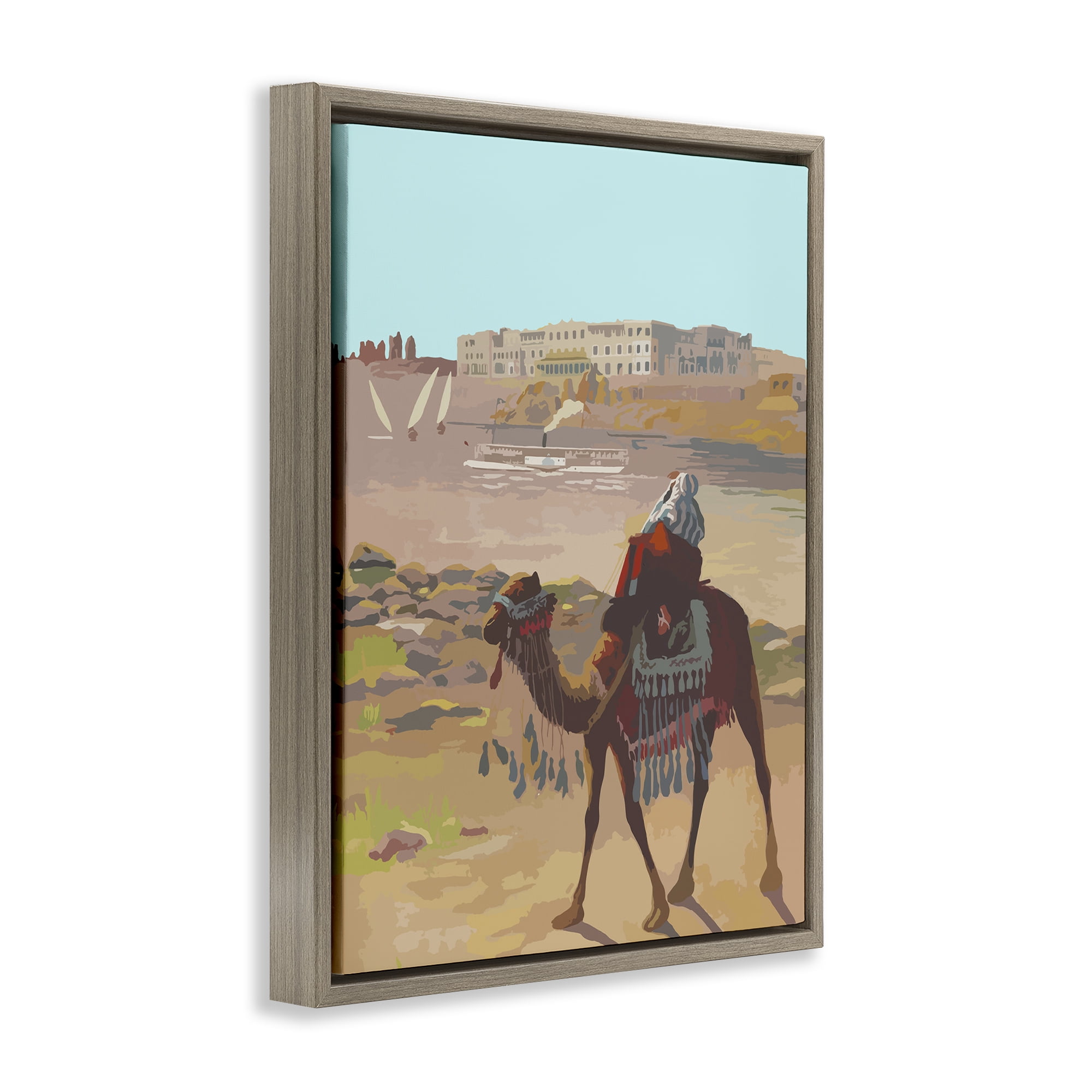 Stupell Industries Camel in Desert Town Landscape Painting Brown Floater Framed Art Print Wall Art, 25 x 31