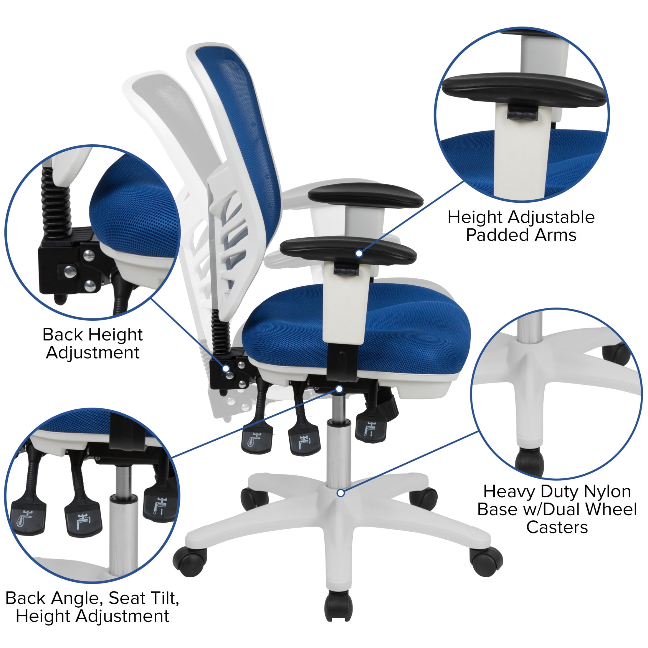 Emma + Oliver Mid-Back Blue Mesh/White FrameMultifunction Ergonomic Office Chair with Arms