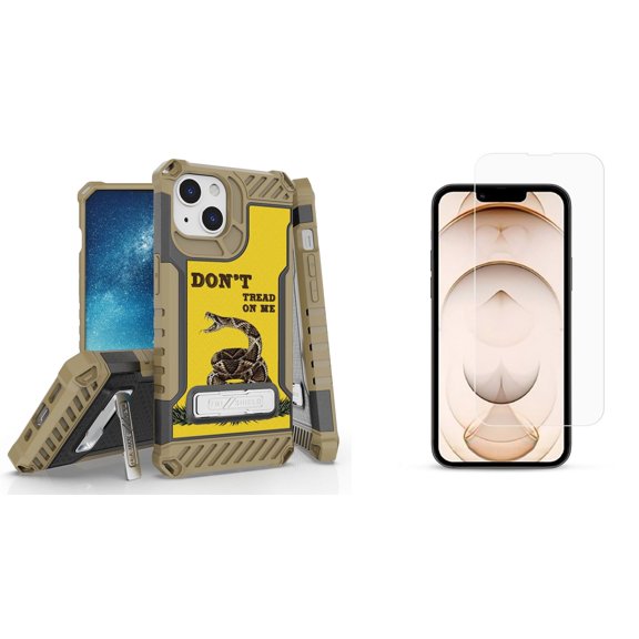 Bemz iPhone 13 Bundle: Tri Shield Shockproof Armor Rugged Case (Don't Tread on Me Gadsden Flag), Premium Glass Screen Protectors (2-Pack)