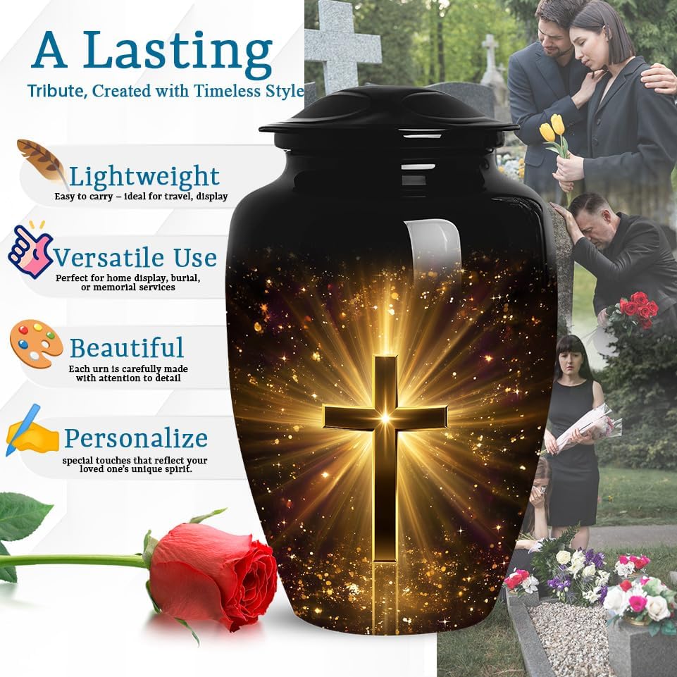 Golden Cross Cremation Urn , Large Urns For Ashes Adult Male, Decorative Memorial Urns For Ashes For Women, Funeral Urn For Adult Human Ash, Size 10 Inch 1 Pcs