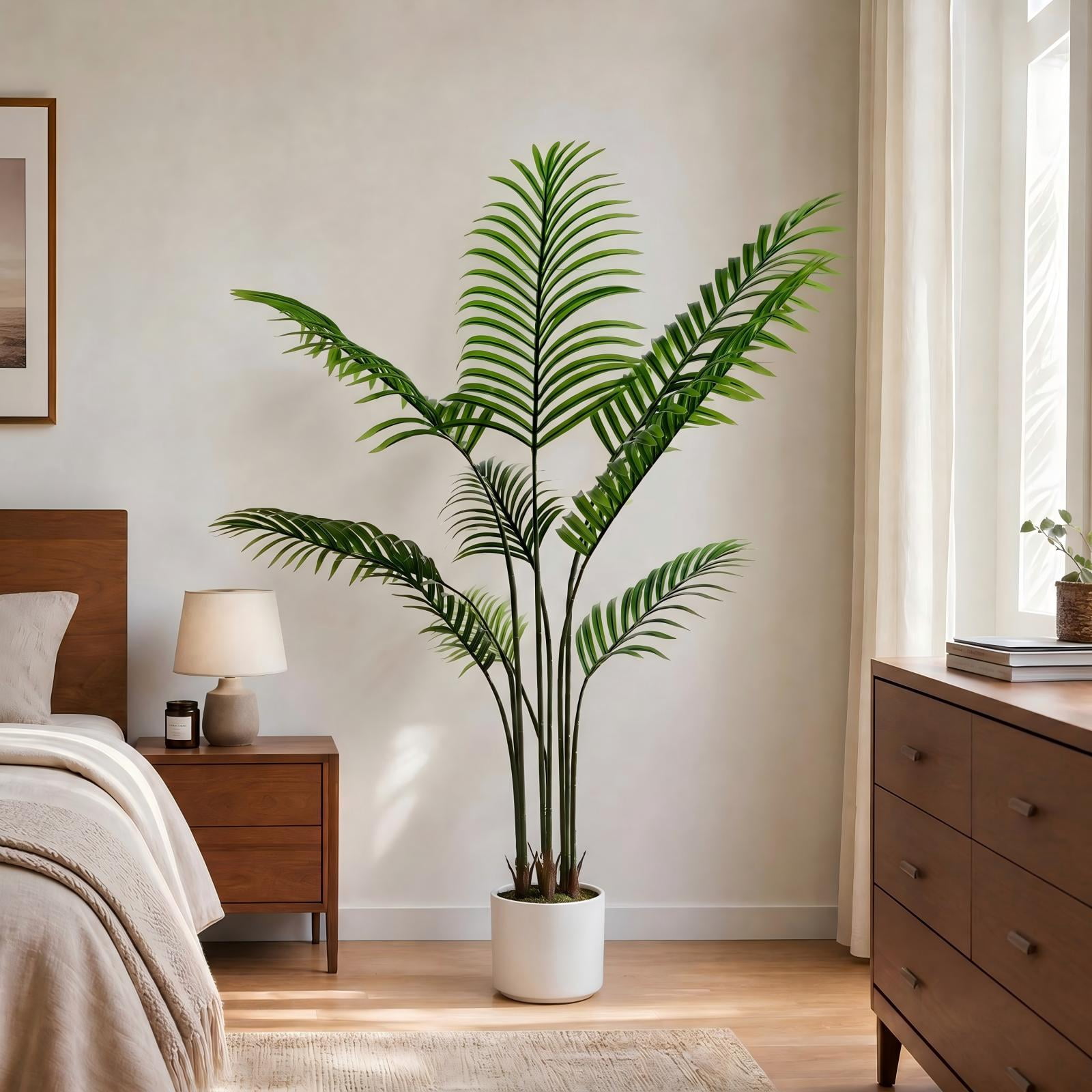 BEAUTYPEAK 4FT Artificial Palm Plants Fake Pre Potted Faux Green Tree Fake House Plants Indoor Outdoor Floor Plant