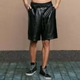 thumbnail image 4 of zeranth Men Summer Shorts Elastic Drawstring Waist Faux Leather Shorts Pockets Solid Color Wide Leg Shorts Streetwear, 4 of 7