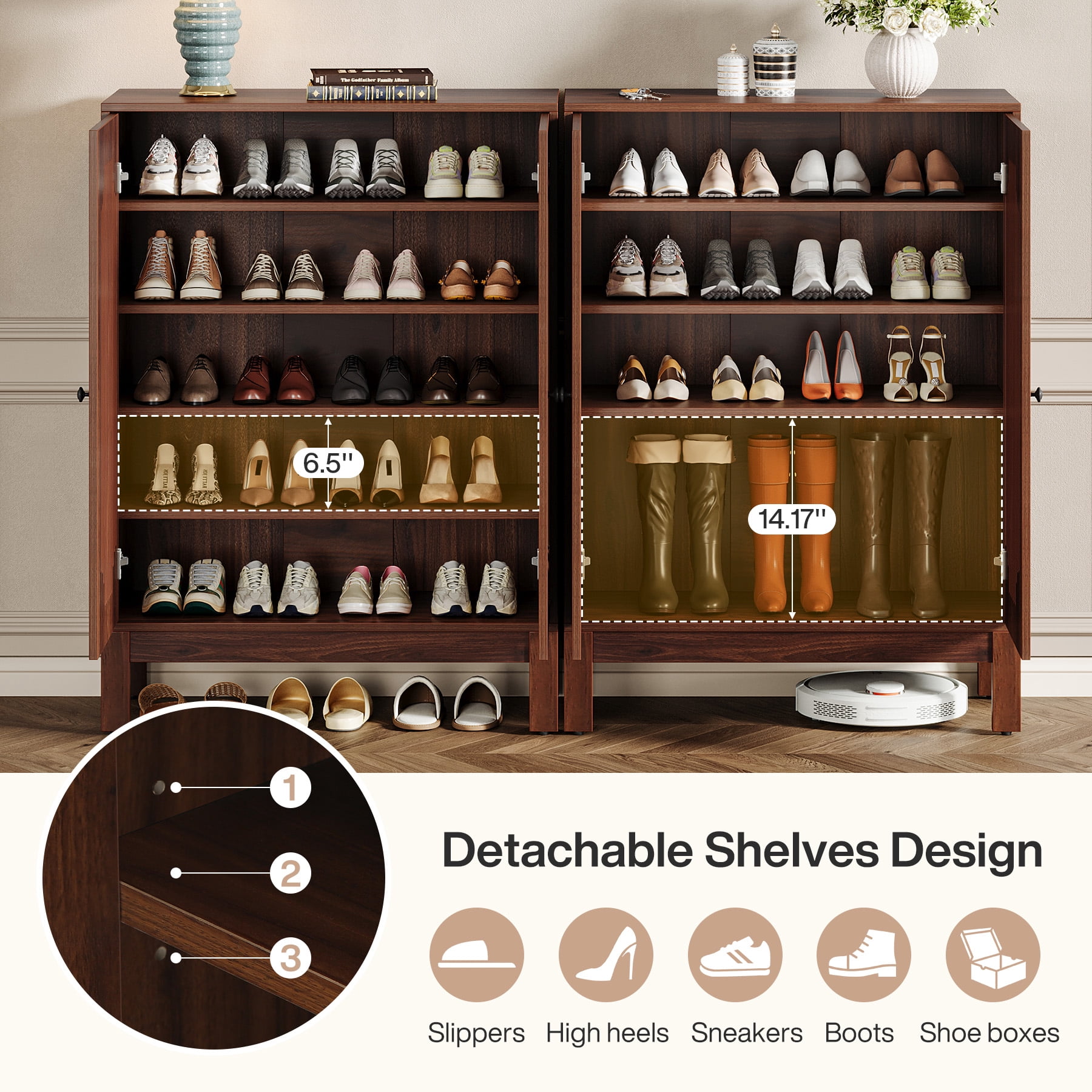 Fnova 5-Tier 20 Pairs Shoe Cabinet with Doors, Narrow Wooden Shoe Rack Organizer with Adjustable Shelves for Entryway, Hallway, Living Room, Brown