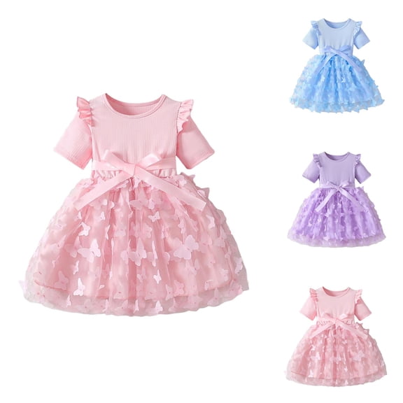 Korean Tulle Floral Princess Dress – Short Sleeve Butterfly Accent Gown Ages 12M-7Y, Birthday & Party Celebration Wear, Dreamy Match to Pink Dress for Girls Looks