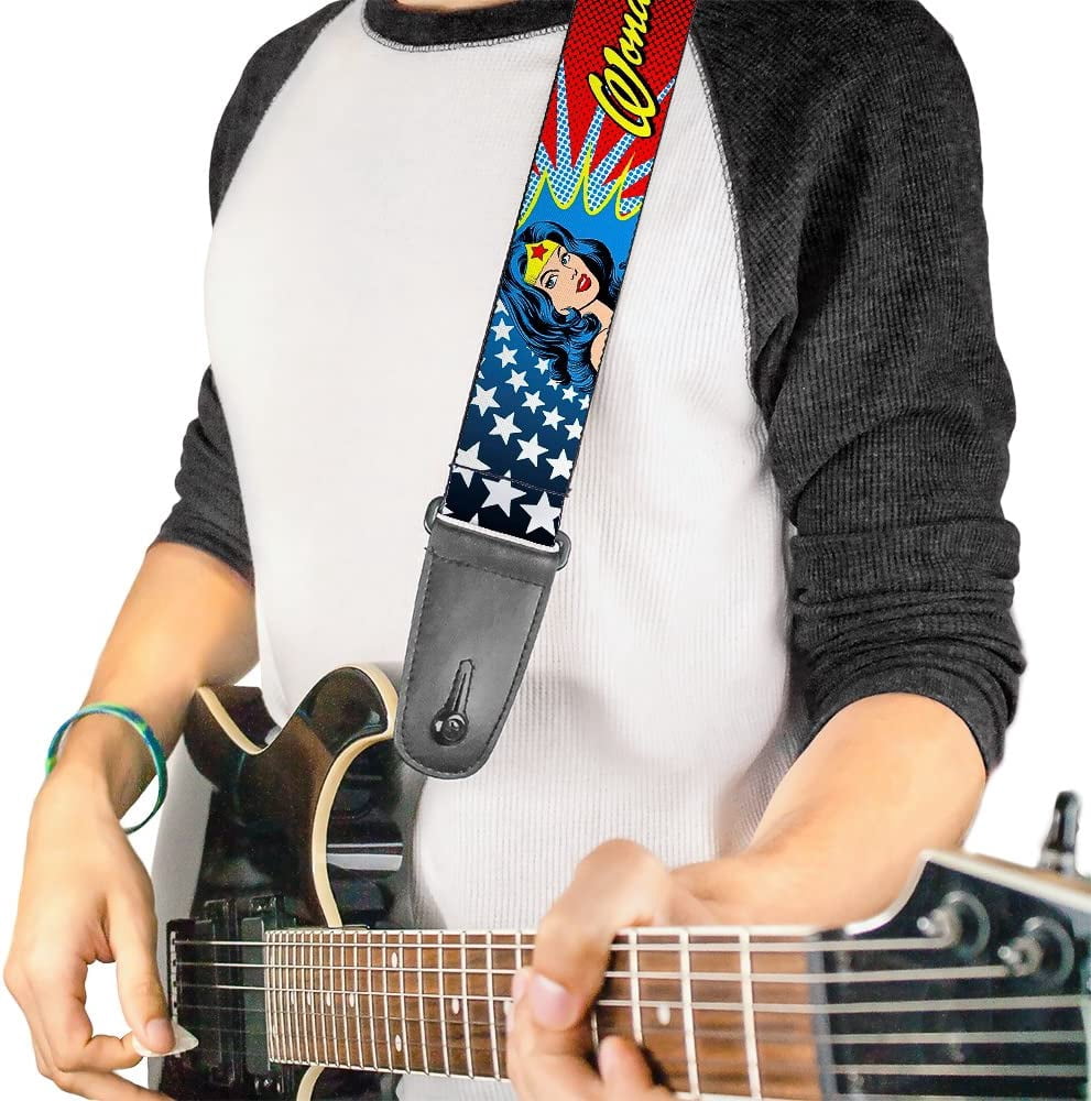 DC Comics Guitar Strap, Wonder Woman Face Stars, 2 Inches Wide