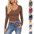 thumbnail image 1 of Fanxing Chemises à Manches Longues Col en V pour Femmes Coupe Ajustée T-Shirts Y2K Hauts Courts d'Automne Pull Col Rond en Tricot Côtelé Rouge,L, 1 of 8