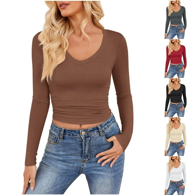 Fanxing Chemises à Manches Longues Col en V pour Femmes Coupe Ajustée T-Shirts Y2K Hauts Courts d'Automne Pull Col Rond en Tricot Côtelé Rouge,L