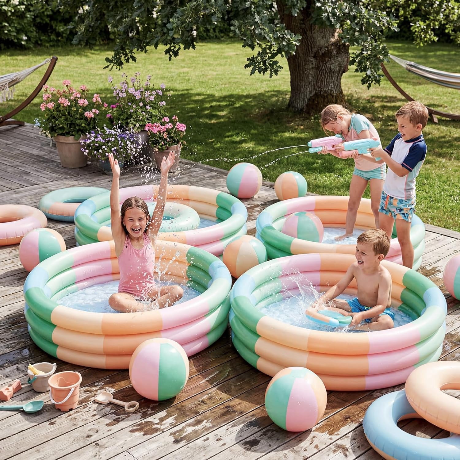 4 Pack Inflatable Kiddie Pool for Toddlers Blue Stripe Blow up Kids Swimming Pool Small 3 Rings Round Baby Pools for Indoor Outdoor Water Game Play Center