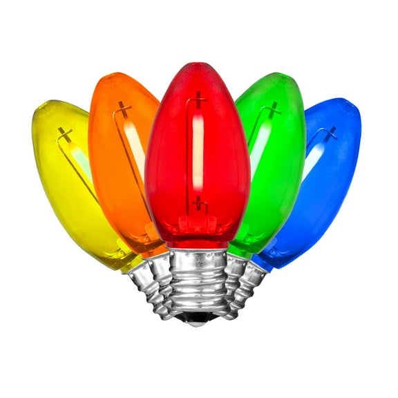 Novelty Lights 25 Pack C7 LED Filament Bulbs, Multicolor Shatterproof Plastic Replacement Christmas Lights, E12 Base, Indoor/Outdoor Strings, Dimmable