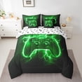 thumbnail image 2 of Homewish Neon Gamepad Gaming Bedding Comforter Set 7 Pieces, Bling Green Lightning Full Bedding Set, Cartoon Video Game Controller Reversible Fitted Sheet Flat Sheet, Microfiber Bedroom Decor, 2 of 7