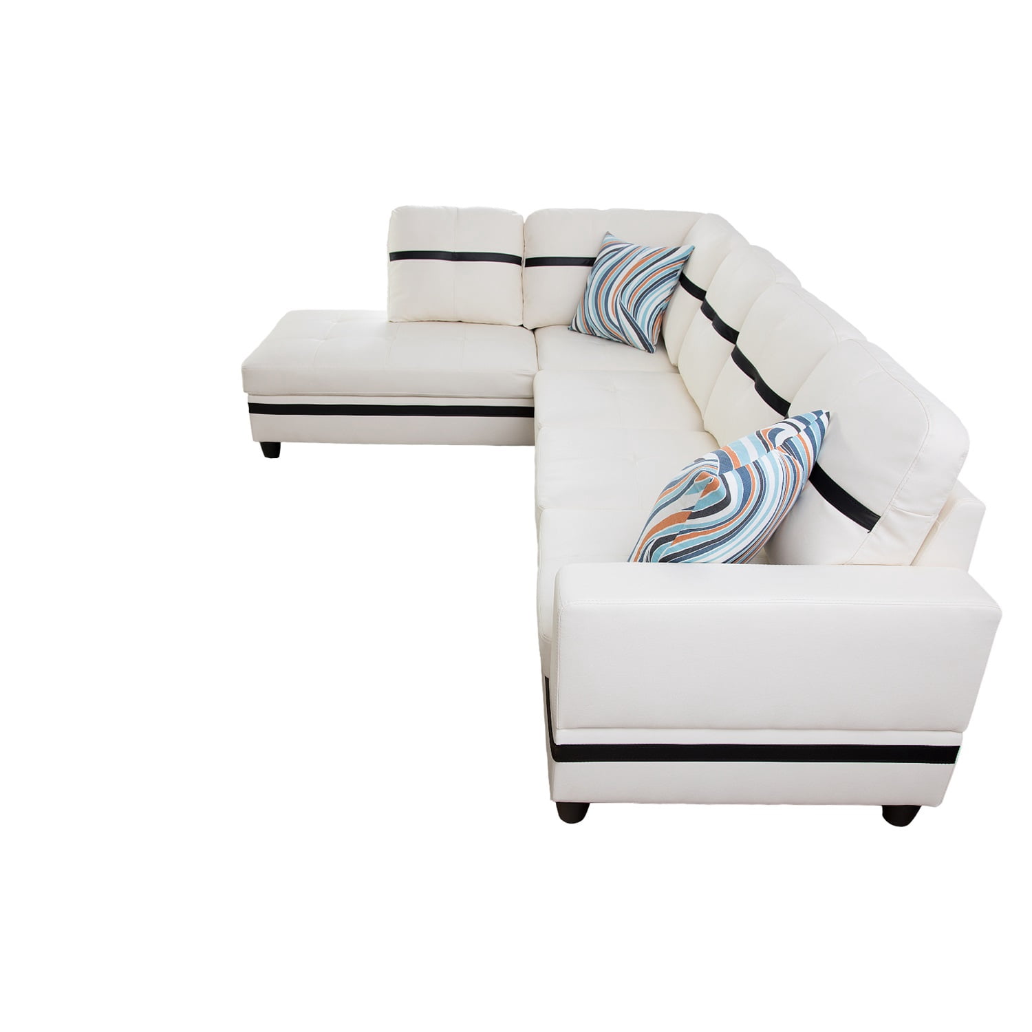 Hommoo 4-Seat Semi Semi PU Synthetic Leather Sectional Sofa Sets, L Shaped Sectional Couches and Sofas with Waistline, Modern Living Room Furniture Sets, White and Black(No Ottoman)
