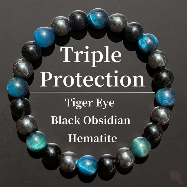 Pulsera de cristal con ojo de tigre morado y azul, piedra de bilis negra, tres pulseras y pulsera de cristal