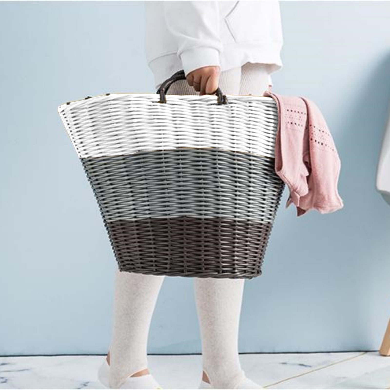 Panier à Linge 110L Pliable à 2 Sections avec Couvercle Panier à Linge en Rotin Tressé à la Main avec Poignées Pratiques Gris