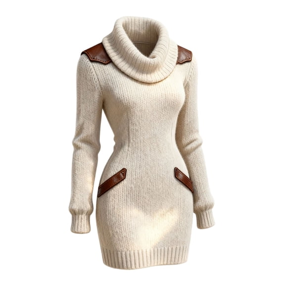 Womens Knit Dress High Neck Long Sleeve Bodycon Midi Dress With Leather Trim Fall Beige