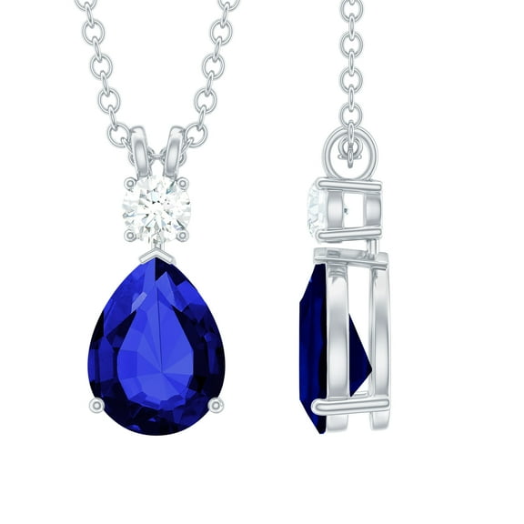 Rosec Jewels Minimal Drop Pendant with Created Blue Sapphire and Moissanite (8X10 mm), 925 Sterling Silver