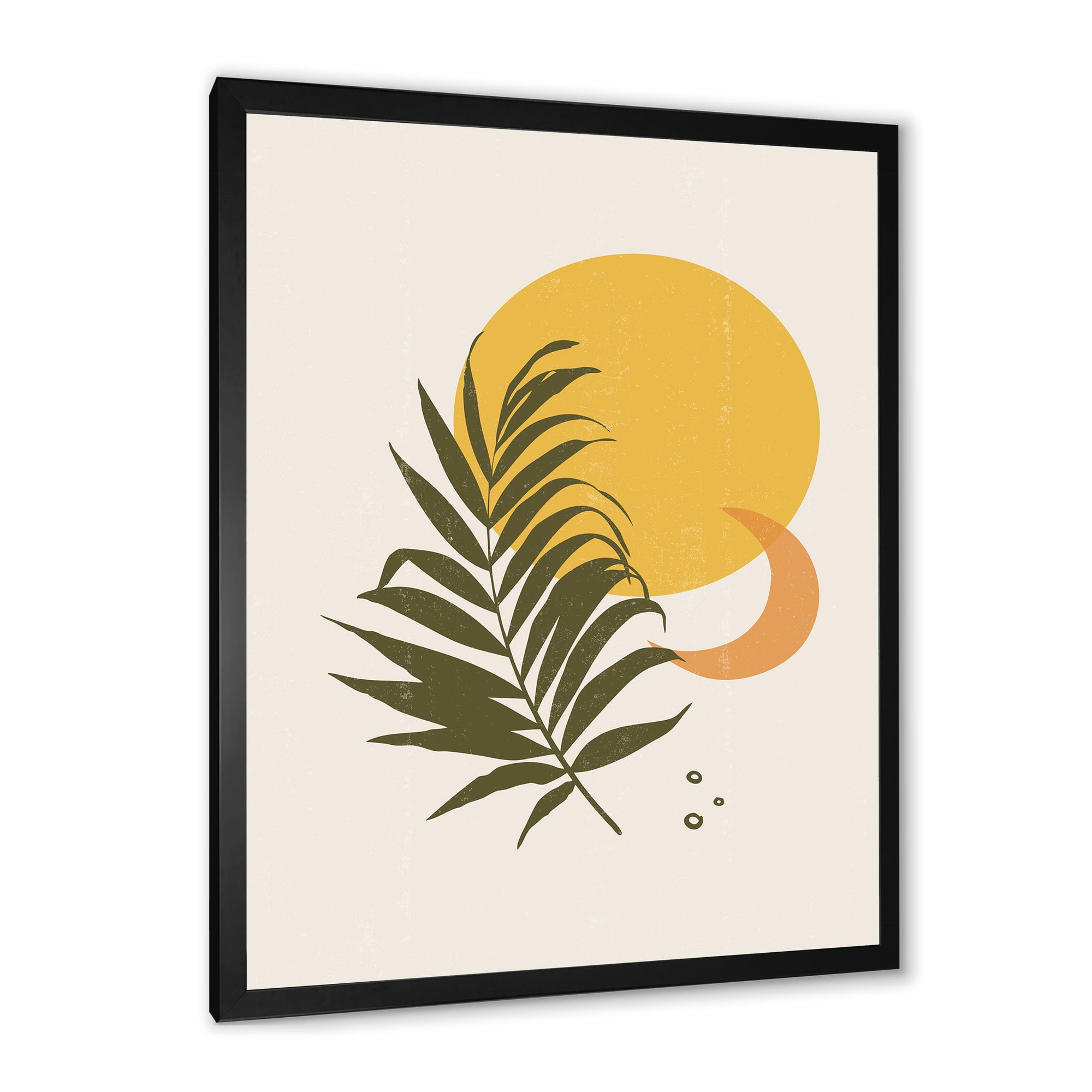 Designart 'Abstract Moon and Yellow Sun With Tropical Leaf I' Modern Framed Art Print
