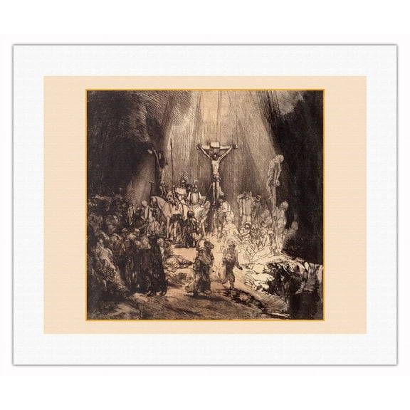 Christ Crucified between the Two Thieves - The Three Crosses - Vintage Religious Art by Rembrandt Van Rijn c.1653 - Fine Art Rolled Canvas Print 16in x 20in