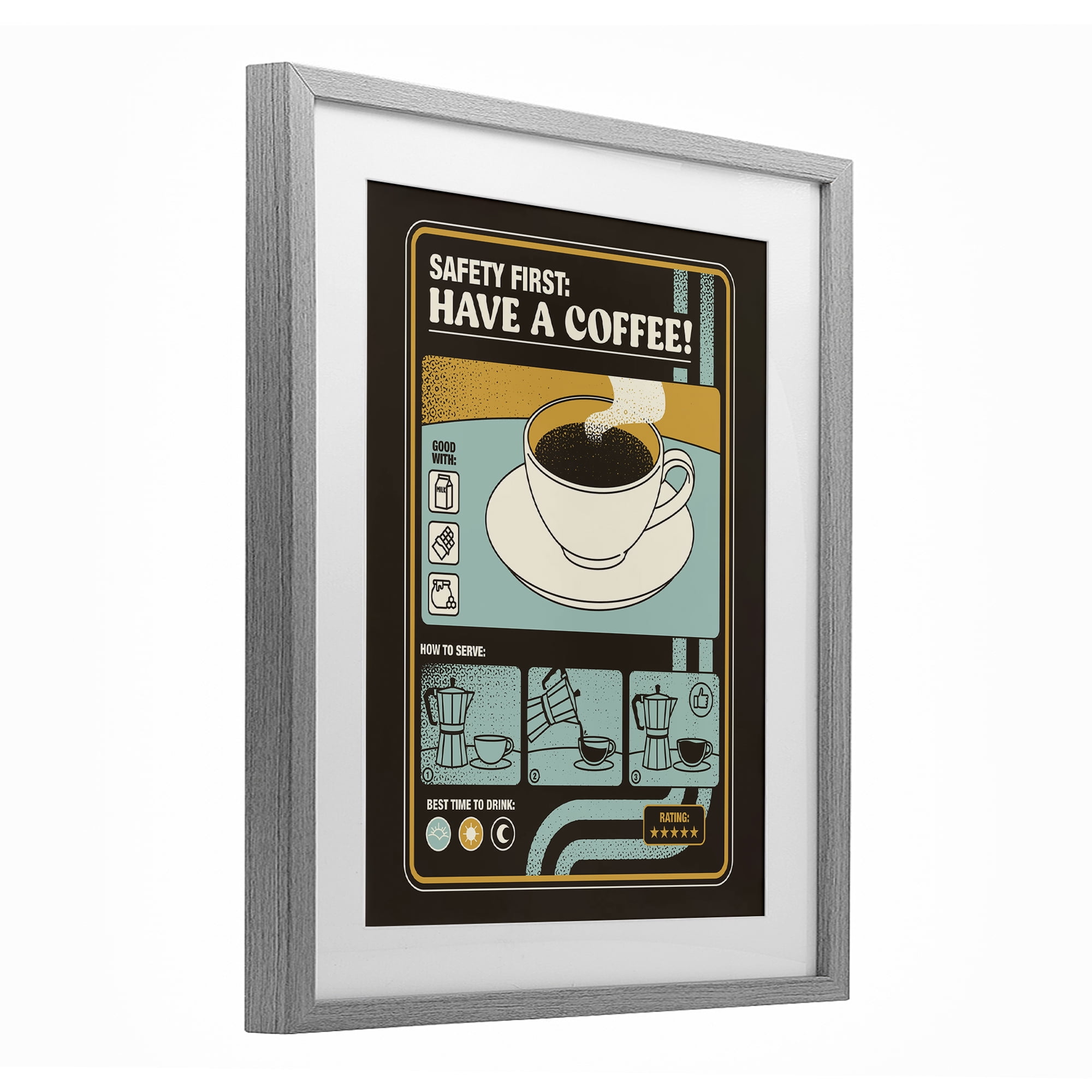 Stupell Industries Safety First Have A Coffee Gray Framed Print Under Glass, design by Tobe Fonseca