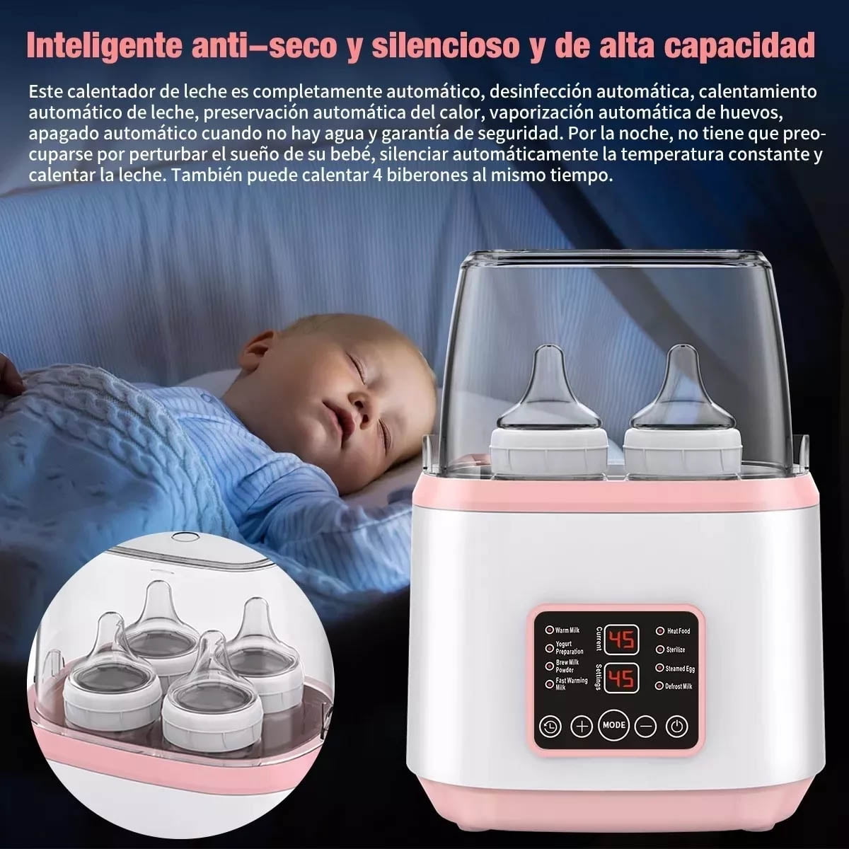 IFCOW Baby Bottle Warmer, Fits 4 Bottles, 8-in-1 Fast Milk Warmer with Timer Breastmilk or Formula, Accurate Temperature Control, with Defrost, Sterili-zing, Keep, Heat Baby Food Jars Function,Pink