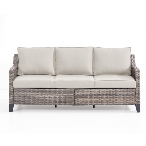 73.2" Modern Outdoor 3-Seat Sofa, Gray Wicker Couch with Beige Cushions – Perfect for Balconies or Porches