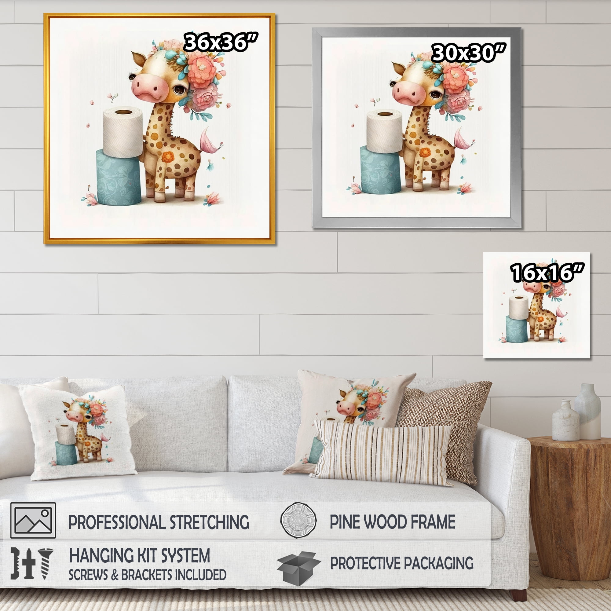 Designart Giraffe Building A Tower Of Toilet Paper With Flower Crown Canvas Wall Art