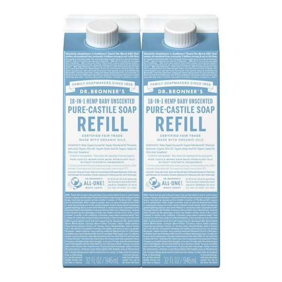 Dr. Bronner's Pure-Castile Liquid Soap Refill (Baby Unscented 32oz, Pack of 2)