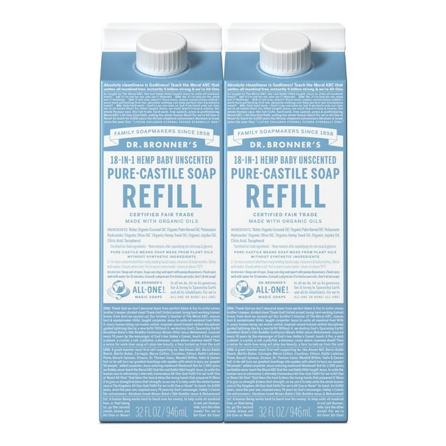 Dr. Bronner's Pure-Castile Recharge de Savon Liquide (Bébé Non Parfumé 32 Oz, Lot de 2)