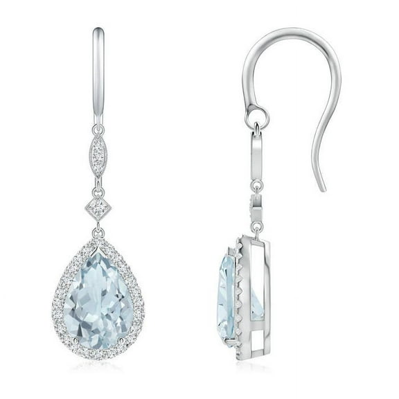 ANGARA Natural 3.2 ct Aquamarine Drop Earrings with Diamond Halo in 14K White Gold for Women (Size-10x7mm) | March Birthstone, Anniversary, Jewelry Gift for Women | Natural Aquamarine Earrings