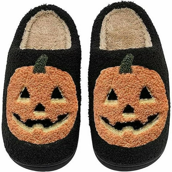 WIOMEASK Halloween Pumpkin Slippers for Womens Mens Plush Warm Spooky Lantern Pumpkin Slippers House Shoes(7.5-8.5 Women/6.5-7.5 Men)