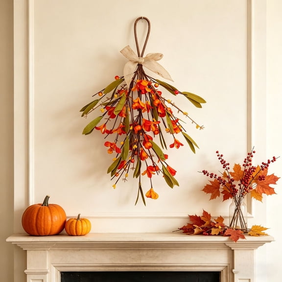 Fall Flower and Pumpkin Teardrop Swags Wreath Autumn Door Wall Hanging Decor with Burlap Bow for Front Door Farmhouse Harvest Thanksgiving Halloween Home Entryway Mantel Window Porch Decor 15.8x8.7in